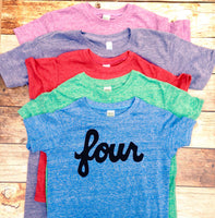 Script four SALE Colors- red, blue, grey, mint, purple- boys 4th birthday shirt with black 4 year old kids