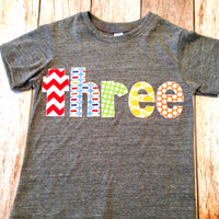 Birthday Shirt pez Athletic grey Short Sleeves three in green, blue, yellow, red and orange letters